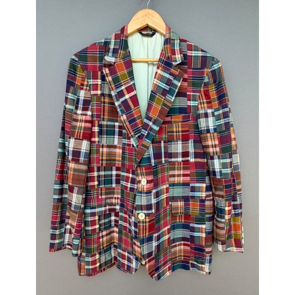 Vintage 1960s Corbin Patchwork Madras Sport Coat 44R-Red Plaid Preppy Blazer